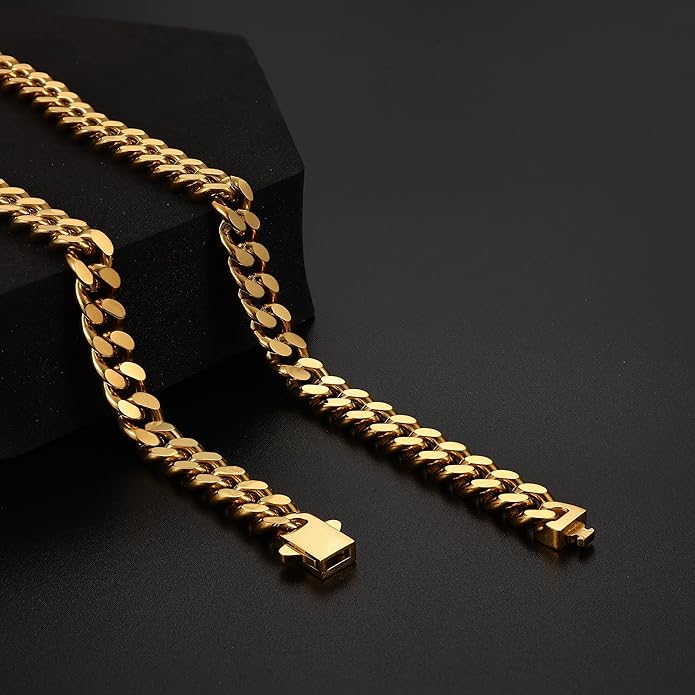 Fiusem Valentines Day Gifts for Him Silver Tone/Black/14K Gold Plated Chain Necklace for Men, 5mm/6mm/7.5mm/8mm/9mm Stainless Steel Cuban Link Chain Necklace, Men's Chains 18-28 Inch Jewelry Gifts