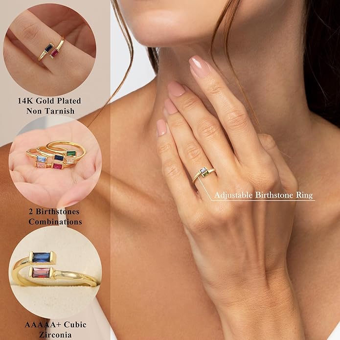 JSJOY Birthstone Rings for Women Dainty Emerald Blue Ring Birthday Gifts for Mom Her Gemstones CZ Ring for Teens Gold Rings That Don't Tarnish Adjustable Ring Jewelry Gifts