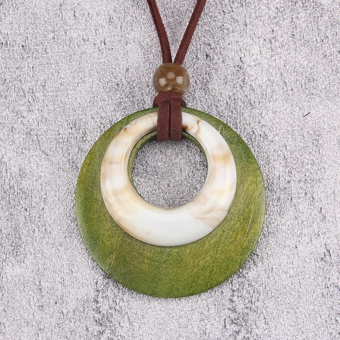 Long Boho Necklaces for Women Vintage Leather Wooden Pendant Y Choker Ethnic Style Gold Circle Hippie Sweater Necklace