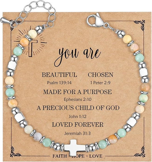 VIBILIA Cross Beaded Bracelets for Women, Inspirational Natural Heart Religious Bracelets for Women, Birthday Christian Gifts for Women on Thanksgiving Christmas Gifts