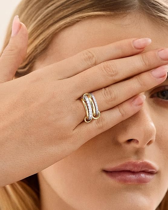 Gold Stackable Rings for Women, Non Tarnish 14K Gold Plated Cubic Zirconia Mixed Metals Stacking Connected Rings Set Jewelry Gifts