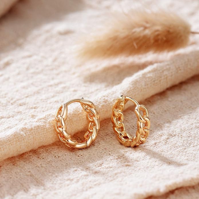 Gold Huggie Hoop Earrings 14K Gold Plated Dainty Chunky Thick Hoop Diamond Cubic Zriconia Inlay Sleeper Tiny Delicate Boho Beach Simple Hypoallergenic Jewelry Gift for Her