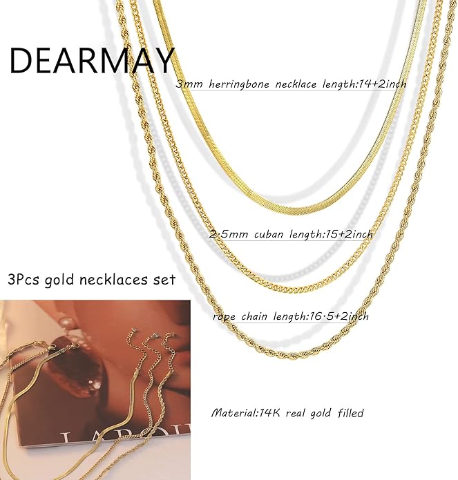 DEARMAY 14K Gold Plated Necklaces for Women, Dainty Gold Herringbone Choker Necklace Thin Layered Snake Chain Jewelry for Gifts