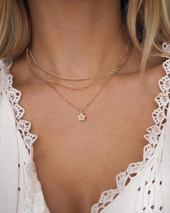 Layered Necklace for Women 14K Gold Plated Dainty Paperclip Herringbone Pearl Cross Pendant Necklace Stack，Layering Chain Cuban Figaro Rope Chain Choker Trendy Gold Jewelry Gift