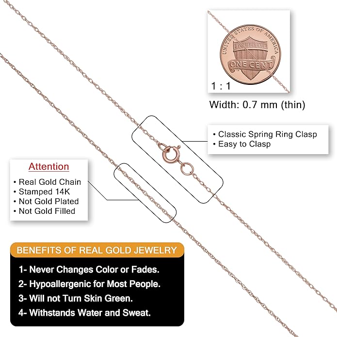Kooljewelry Real 14k Rose Gold Rope Chain Pendant Necklace for Women (0.7 mm, 0.9 mm, 1 mm or 1.3 mm)