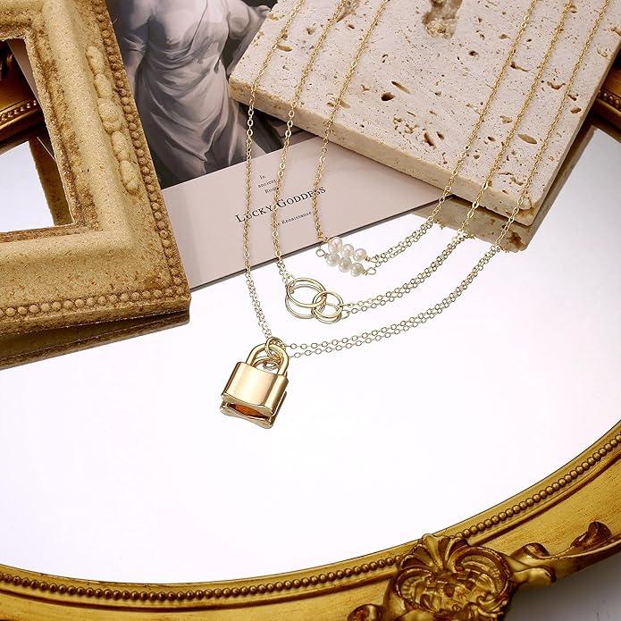 Turandoss Gold Layered Necklaces for Women - 14K Gold Plated Handmade Multilayer Bar Pearls Coin Disc Moon Butterfly Medallion Adjustable Dainty Layered Choker Necklaces for Women Jewelry