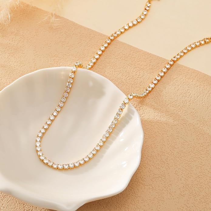 Tennis Necklace for Women, 14K Gold/Silver Plated Rhinestone Choker Necklaces for Women, Dainty Cubic Zirconia Cut Faux Diamond Chain