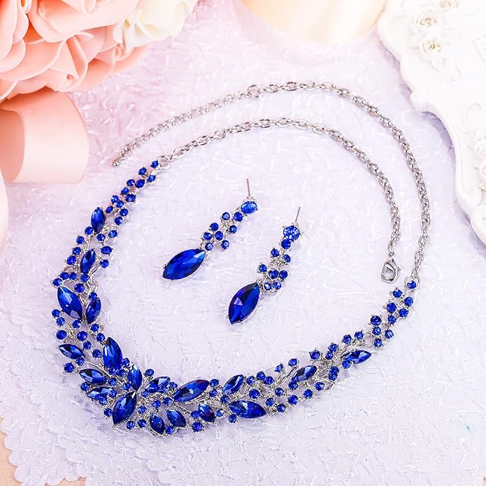 BriLove Women's Wedding Bridal Austrian Crystal Marquise Cluster Collar Necklace Dangle Earrings Set
