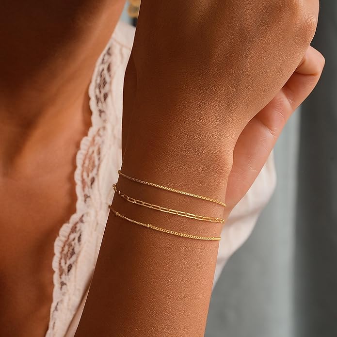 MBW Gold Bracelets for Women Trendy, Dainty 14K Gold Plated Bracelet Stack Beaded Chain Bracelet Set Thin Small Cute Paperclip Bracelets Fashion Waterproof Jewelry Gift Gold Accessories for Women