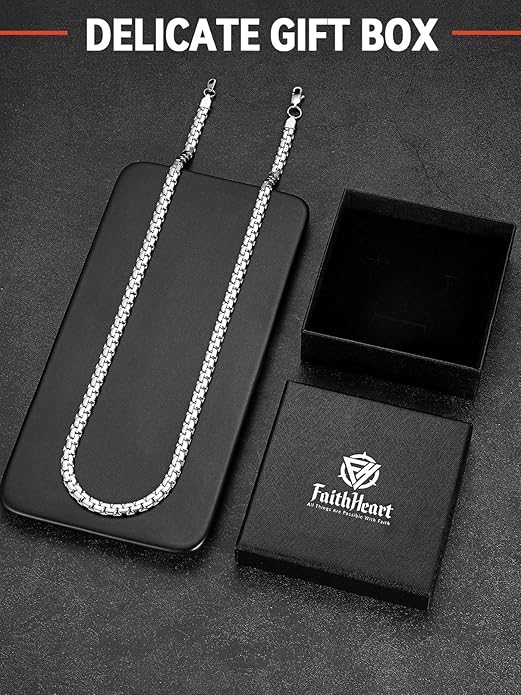 FaithHeart Mens Black/Silver/Gold Stainless Steel Flat Box Link Chain Necklace, Stylish 2/4/6/8mm Width Box Chains Necklaces for Men Non Tarnish Hip Hop Chain Jewelry Gifts,14"-30" Length