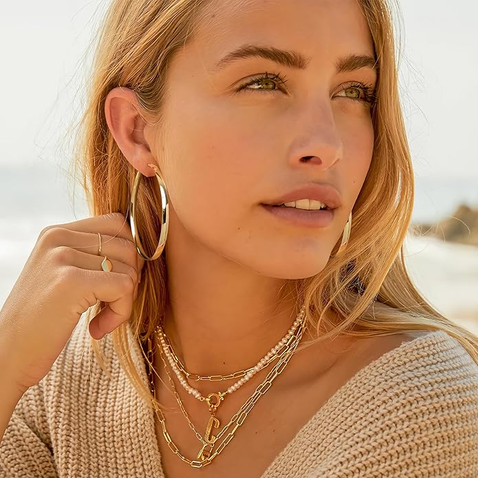 EXGOX 5mm Wide Gold Hoop Earrings for Women,Sterling Silver Hoop Earrings Large Silver Hoop Earrings Hypoallergenic Lightweight 14K Real Gold Plated Big Hoop Earrings for Women 30/40/50/60/70mm