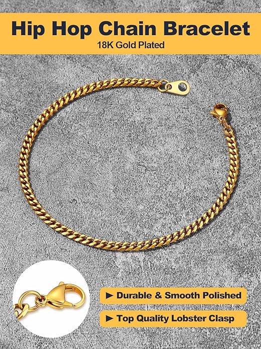 U7 Link Bracelets for Men, Cuban Link/Rope/Watch Band Solid Bracelet, Silver Black Gold Color Wrist Bracelet 3/6/9/12/15mm Width, 6.5/7.5/8.3 Inch Length, Hand Chain Jewelry for Mens Women