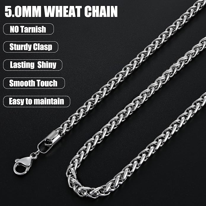 Fiusem Black Wheat Chains for Men and Women, 2/2.5/3/4/5mm Stainless Steel Necklace Chain, Mens Necklace Jewelry Gift 16-28 Inch