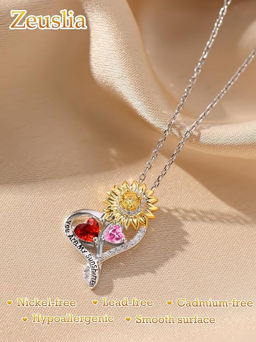 Zeuslia Double Birthstone Necklace Gifts for Wife - 925 Sterling Silver Sunflower/Rose/Crown Cross/Compass/Heart Pendant I Love You Necklace, Anniversary Birthday Gifts for Wife Girlfriend Mom Her