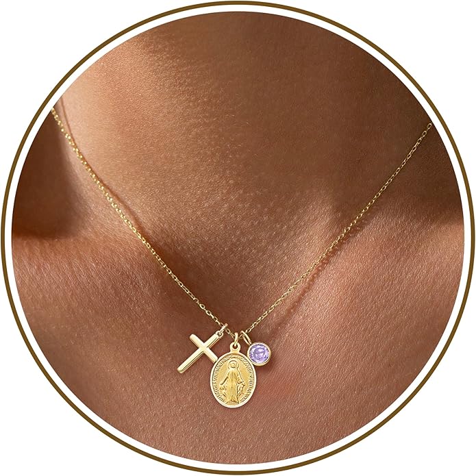 Gold Cross Necklaces for Women, 1-12 Birthstone Necklace Stocking Stuffers for Her Faith Confirmation Gifts for Teen Girls Virgin Mary Necklace Gifts for Christians Birthday Baptism Religious Jewelry