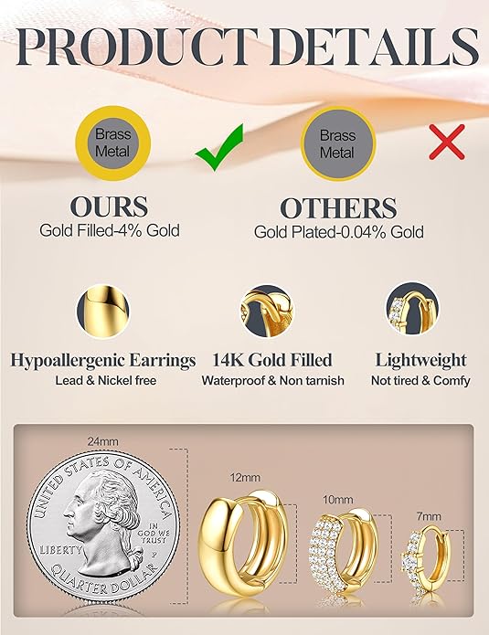 LOLIAS Small 14K Gold Plated Chunky Hoop Earrings for Women Hypoallergenic Silver Earrings Set for Sensitive Ears Non Tarnish Huggie Hoops Earring Stacks for Multiple Piercing Jewelry Lightweight 3Pairs