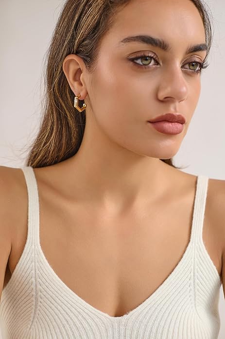 14K Gold & Rose Gold Hoop Earrings for Women, Chunky Huggie Half Hoops Earrings, Hypoallergenic Non Tarnish Cubic Zirconia Trendy Minimalist Everyday Jewelry Gift