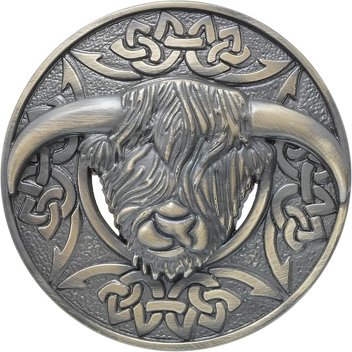 Highland Cow Kilt Brooch with Celtic Knot - Traditional Scottish Helian Coo Plaid Brooches for Men – Handcrafted Tartan Sash Pin, Luxurious Accessory for Women’s Dress