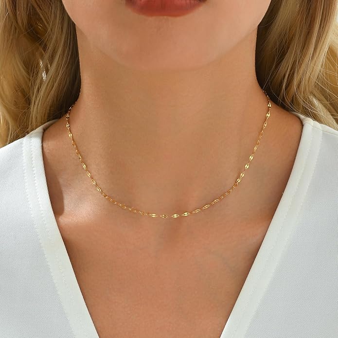 Dainty Chain Necklace for Women, 18K Gold Plated Coin Disc Choker Necklaces Simple Satellite Beaded Twisted Thin Paper Clip Chain Everyday Jewelry Gifts