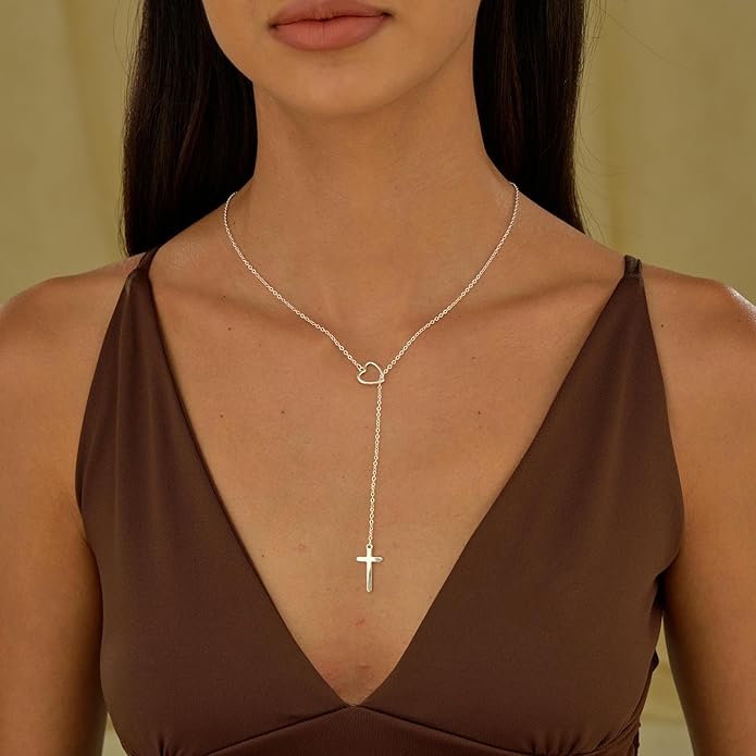 Lariat Necklace for Women, Dainty 14K Gold/Silver Plated Long Necklaces for Women Trendy Simple Layered Y-Shaped Drop Pendant Necklace Adjustable Gold Jewelry Gifts For Her Christmas Stocking Stuffer