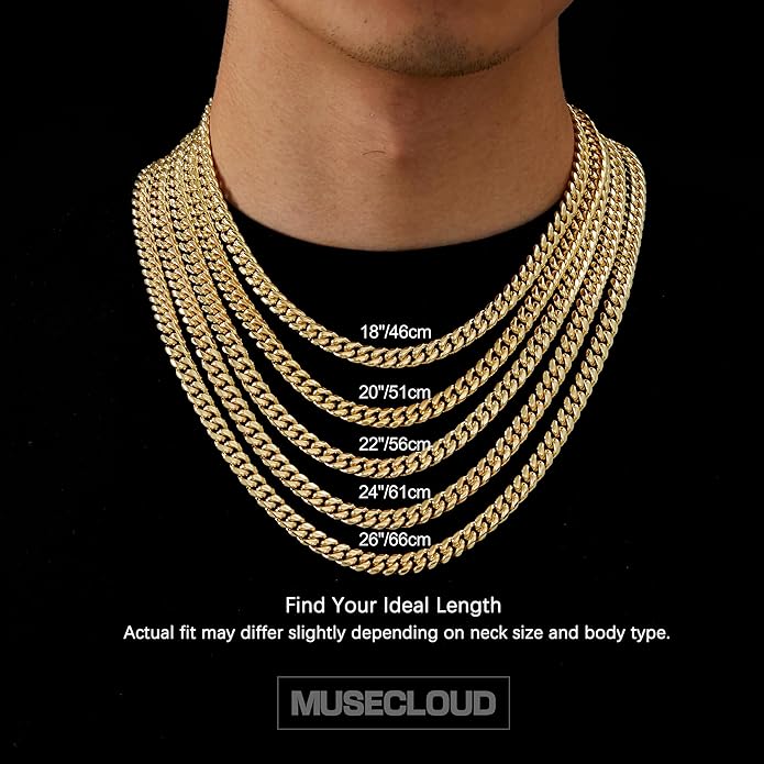 MUSECLOUD Gold Cuban Link Chain for Men Mens Stainless Steel Miami Curb Chains Necklace 5/8mm Thick Real Gold/Silver/Black Plated Diamond Cut Non-Tarnish Jewelry Trendy Christmas Gifts 18-26 Inch