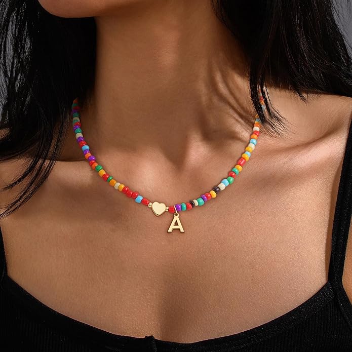 Colorful Initial Necklaces for Girls Women Kids - Teen Girls Gifts Trendy Stuff Beaded Initial Necklace Dainty Letter Choker Necklace for Girl Gifts Jewelry