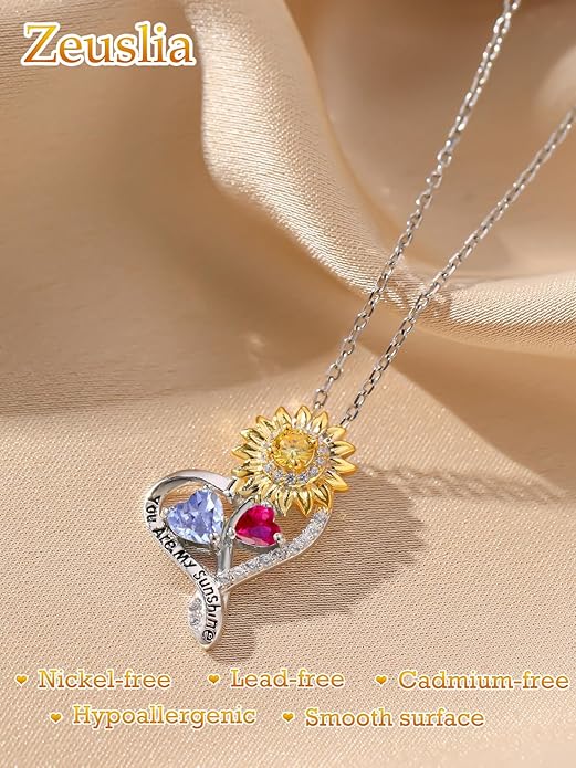 Zeuslia Double Birthstone Necklace Gifts for Wife - 925 Sterling Silver Sunflower/Rose/Crown Cross/Compass/Heart Pendant I Love You Necklace, Anniversary Birthday Gifts for Wife Girlfriend Mom Her