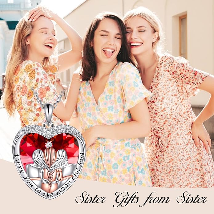 POPKIMI 925 Sterling Silver Sister Necklace - Birthday Gift for Sisters, Mom, Daughter - Always My Sister Forever My Friend Crystal Necklace for 2/3/4/5 Sisters