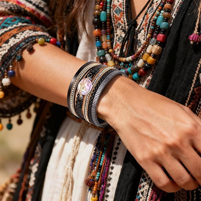 ENGCKSHI Wrapped Bracelets for Women,Leather Bracelet,Boho Bracelets for Women,Multi-Layer Pearl Crystal Bracelet Bangle Jewelry