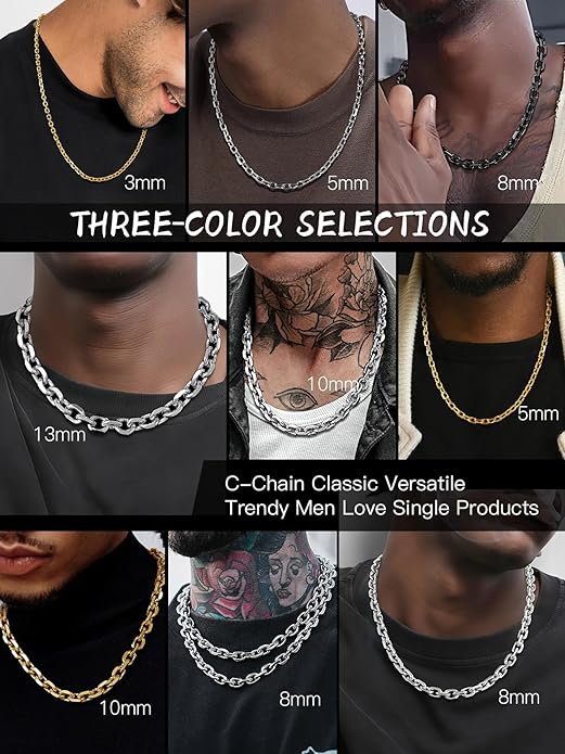Hoyazvet Cable Chain Stainless Steel Necklace for Men Women, 3/5/8/10/13MM Width, 18K Gold Plated/Black Metal/316L Stainless Steel Sturdy Rolo Link Chain Necklace, 18-30inch Length