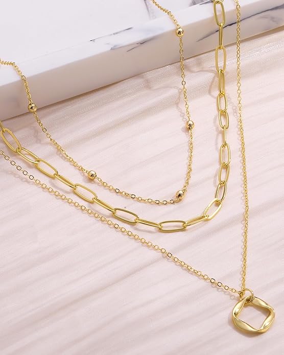 Layered Gold Silver Necklace for Women Non Tarnish,Dainty Choker Statement Chunky Necklace Stack Charm Pendant Chain Necklace Set 14K Gold Plated Long Stacked Womens Necklaces Trendy Jewelry Gift