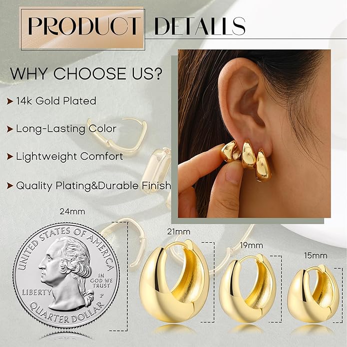 3Pairs Gold Hoop Earrings Set for Women, 14K Gold Plated Hypoallergenic Small Huggie Hoops Earrings for Women Trendy, Chunky Gold Earring Jewelry Gifts