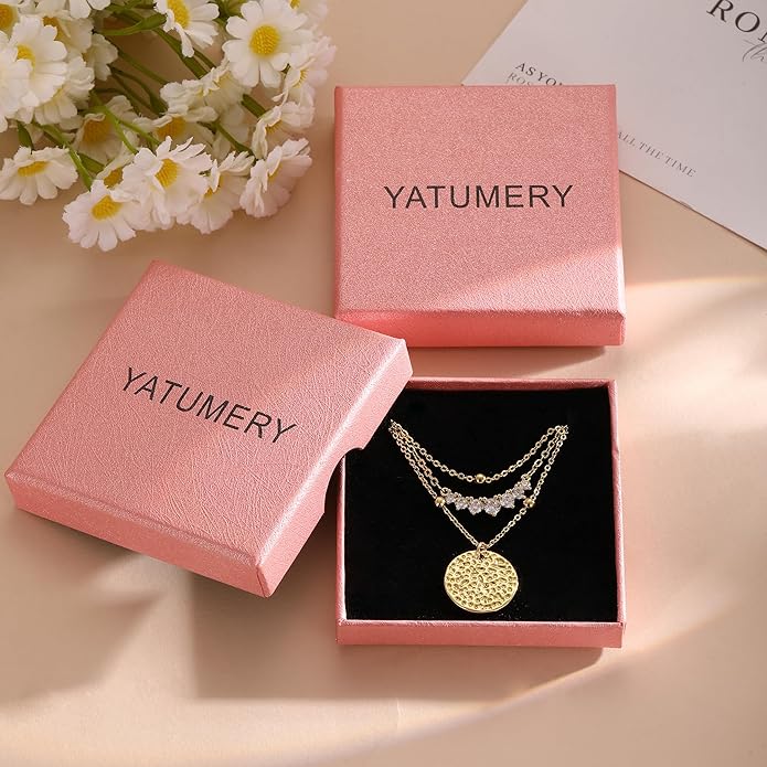 Layered Necklaces for Women 14K Gold Plated Stack Circle Pendant Trendy Long Chain Stackable Handmade Coin Necklace Set Dainty Gold Stacked Jewelry Gifts