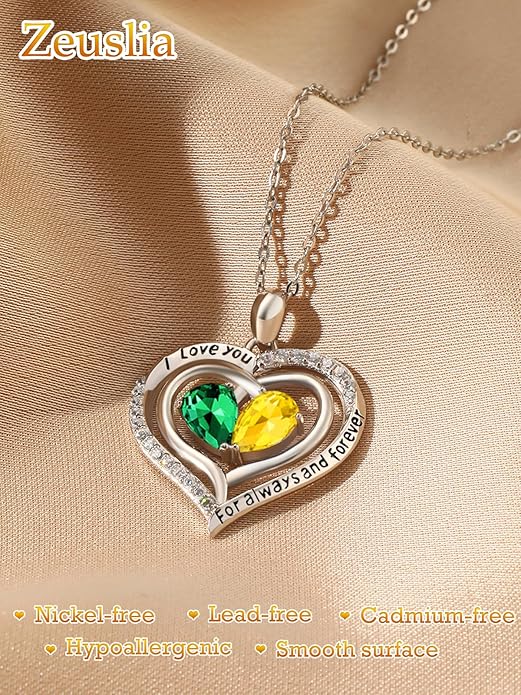 Zeuslia Double Birthstone Necklace Gifts for Wife - 925 Sterling Silver Sunflower/Rose/Crown Cross/Compass/Heart Pendant I Love You Necklace, Anniversary Birthday Gifts for Wife Girlfriend Mom Her