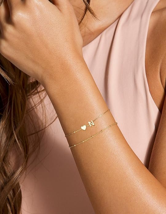 DEARMAY Dainty Initial Heart 14K Gold Plated Bracelets for Women Trendy, Letter Charm Bracelet Jewelry Cute Simple Fashion Chain Gift