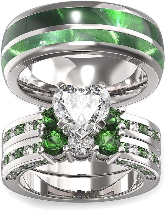 TWO RINGS Wedding Ring Sets His And Hers Promise Ring Couples Bridal Sets Women 925 Sterling Silver square Cz Man Stainless Steel Brushed Finished Wedding Bands