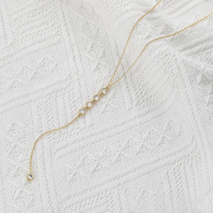 Foxgirl Lariat Gold Necklace for Women, Dainty Long Necklace 14k Gold Plated/Silver Y-Shaped Pendant Necklace Trendy Layered Cz Beaded Chain Drop Necklaces Simple Gold Jewelry For Women Gift