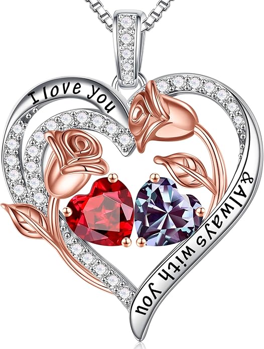 Iefil Birthstone Necklace for Women - 925 Sterling Silver Rose Heart Birthstone Necklace Birthday Anniversary Jewelry Gifts for Her Wife Mom Daughter