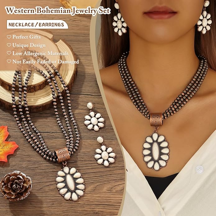 Western Jewelry Sets for Women – Turquoise Necklace and Earring Set Vintage Boho Cowgirl Accessories Country Jewelry Gift for Her