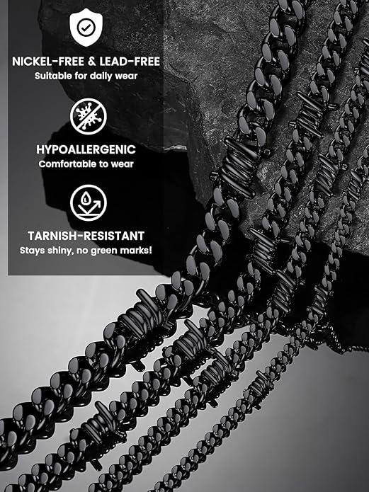 Bestyle Barbed Wire Necklace 5/7/9/12mm Mens Chain Necklaces Hip-hop Punk Gothic Stainless Steel Chain Heavy Thick Cuban Link Chain for Men Women, Length 16/18/20 Inch