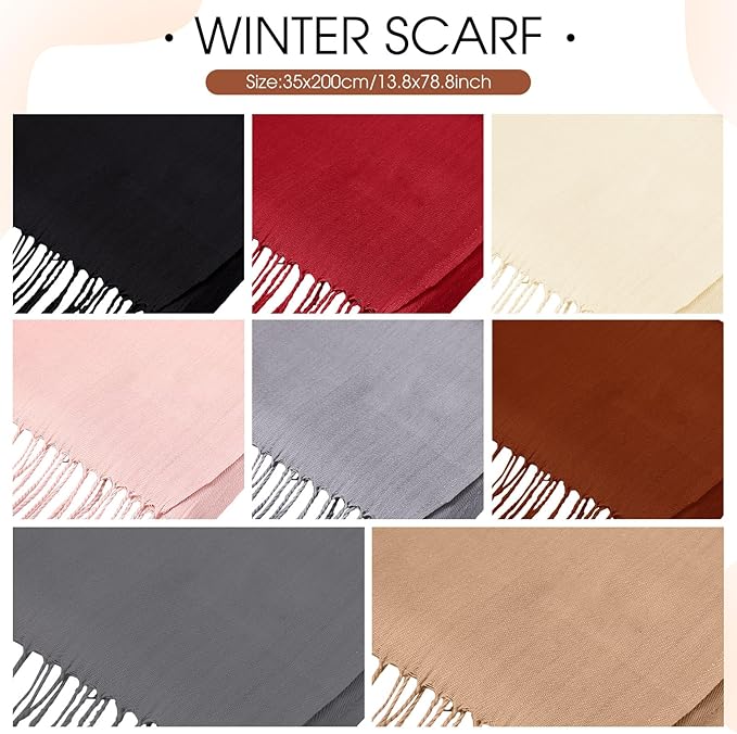 Suhine 8 Pcs Winter Scarves Bulk for Women Lightweight Blanket Scarf with Tassel Edge Pashmina Shawl for Women Men