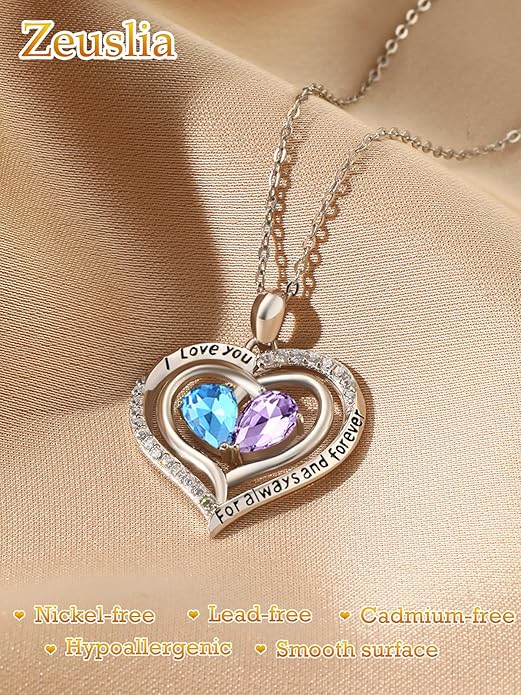 Zeuslia Double Birthstone Necklace Gifts for Wife - 925 Sterling Silver Sunflower/Rose/Crown Cross/Compass/Heart Pendant I Love You Necklace, Anniversary Birthday Gifts for Wife Girlfriend Mom Her