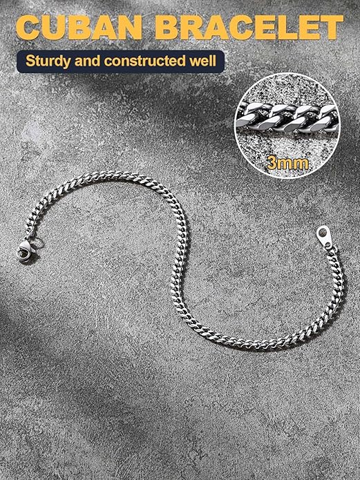 U7 Link Bracelets for Men, Cuban Link/Rope/Watch Band Solid Bracelet, Silver Black Gold Color Wrist Bracelet 3/6/9/12/15mm Width, 6.5/7.5/8.3 Inch Length, Hand Chain Jewelry for Mens Women