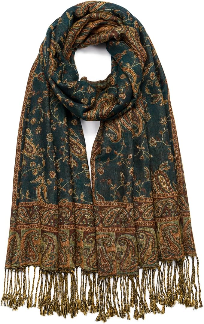 QIUTIMIY Paisley Pashmina Shawl Wrap Women Reversible Vintage Jacquard Pashmina Rave Scarf with Fringe for Evening, Wedding