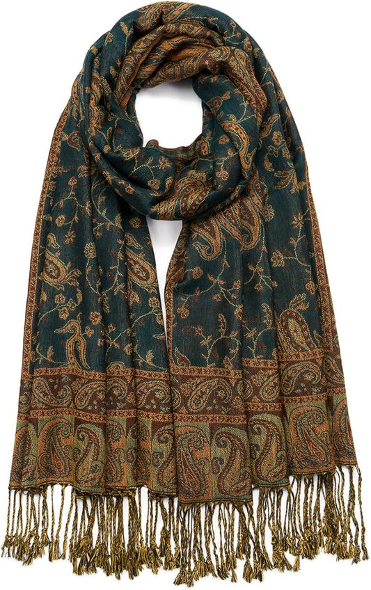 QIUTIMIY Paisley Pashmina Shawl Wrap Women Reversible Vintage Jacquard Pashmina Rave Scarf with Fringe for Evening, Wedding