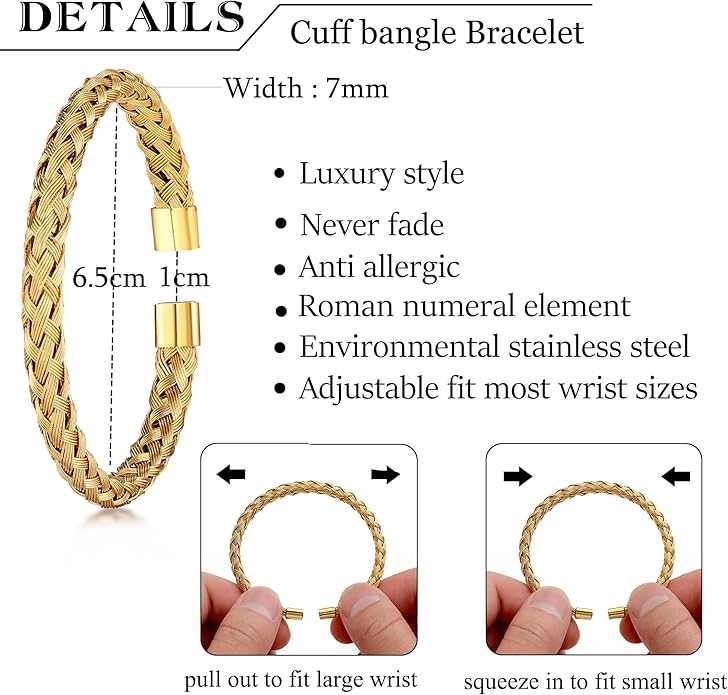WFYOU 3PCS Stainless Steel Bracelets for Men Gold Roman Numeral Bangle Bracelet Twisted Cable Bracelet Adjustable Cuff Bracelet Mens Luxury Jewelry Bracelets Gifts