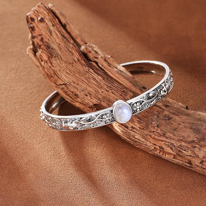 Moonstone Elephant Cuff Bracelet, Handmade Sterling Silver Boho Jewelry, Gift of Wisdom and Good Luck for Women