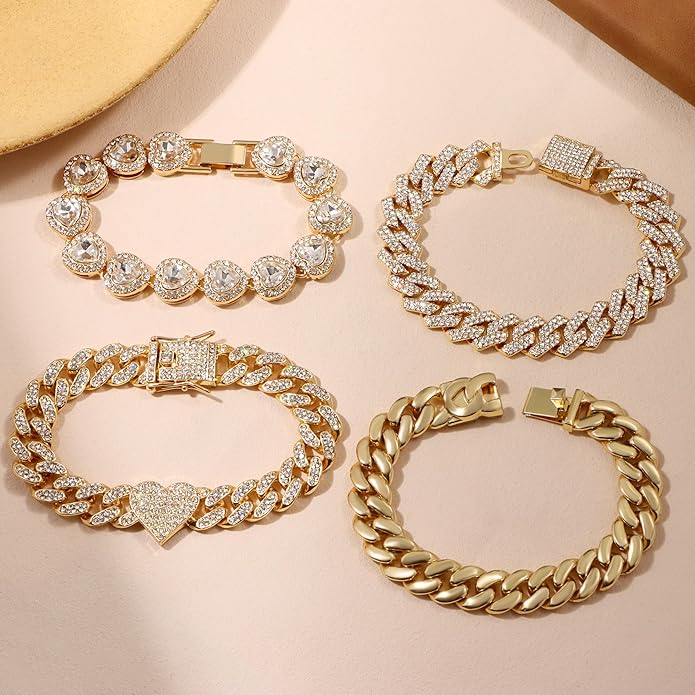 shopbyskyler 4PCS Gold Bracelets for Women Silver Clustered Tennis Bracelet for Women Heart Round Diamond Cuban Bracelet Layered Link Bracelet Set Fashion Jewelry for Women Set