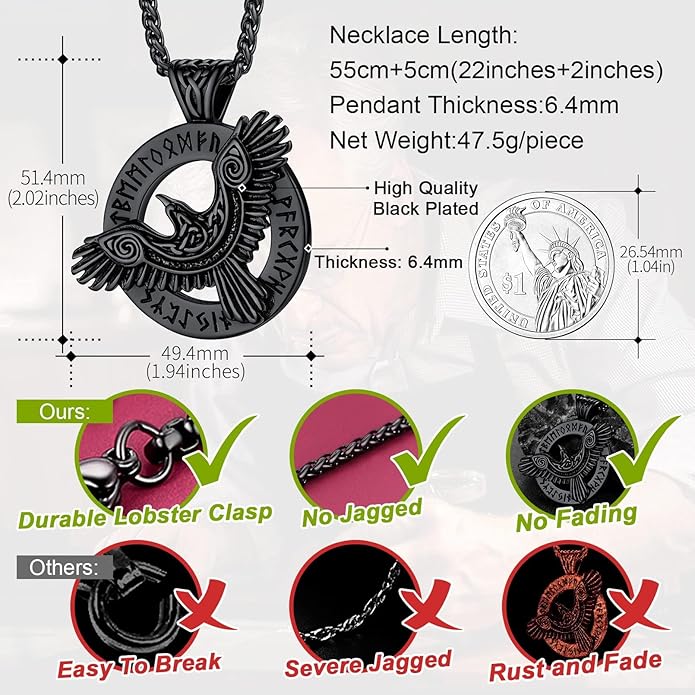 FaithHeart Viking Raven Necklace for Men, Norse Mythology Raven Skull Pendant Sturdy Stainless Steel Amulet Jewelry Gift for Men