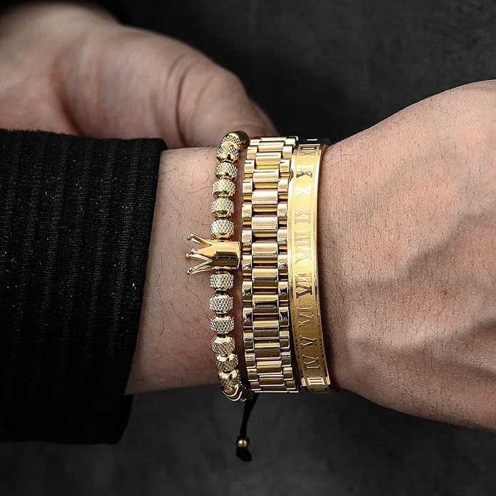 WFYOU 3PCS Stainless Steel Bracelets for Men Gold Roman Numeral Bangle Bracelet Twisted Cable Bracelet Adjustable Cuff Bracelet Mens Luxury Jewelry Bracelets Gifts